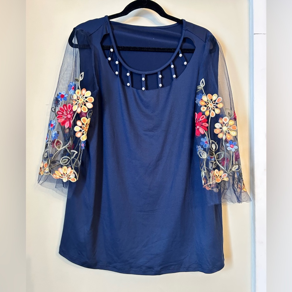 SHEIN Navy Top with Floral Embroidery and Sheer Sleeves